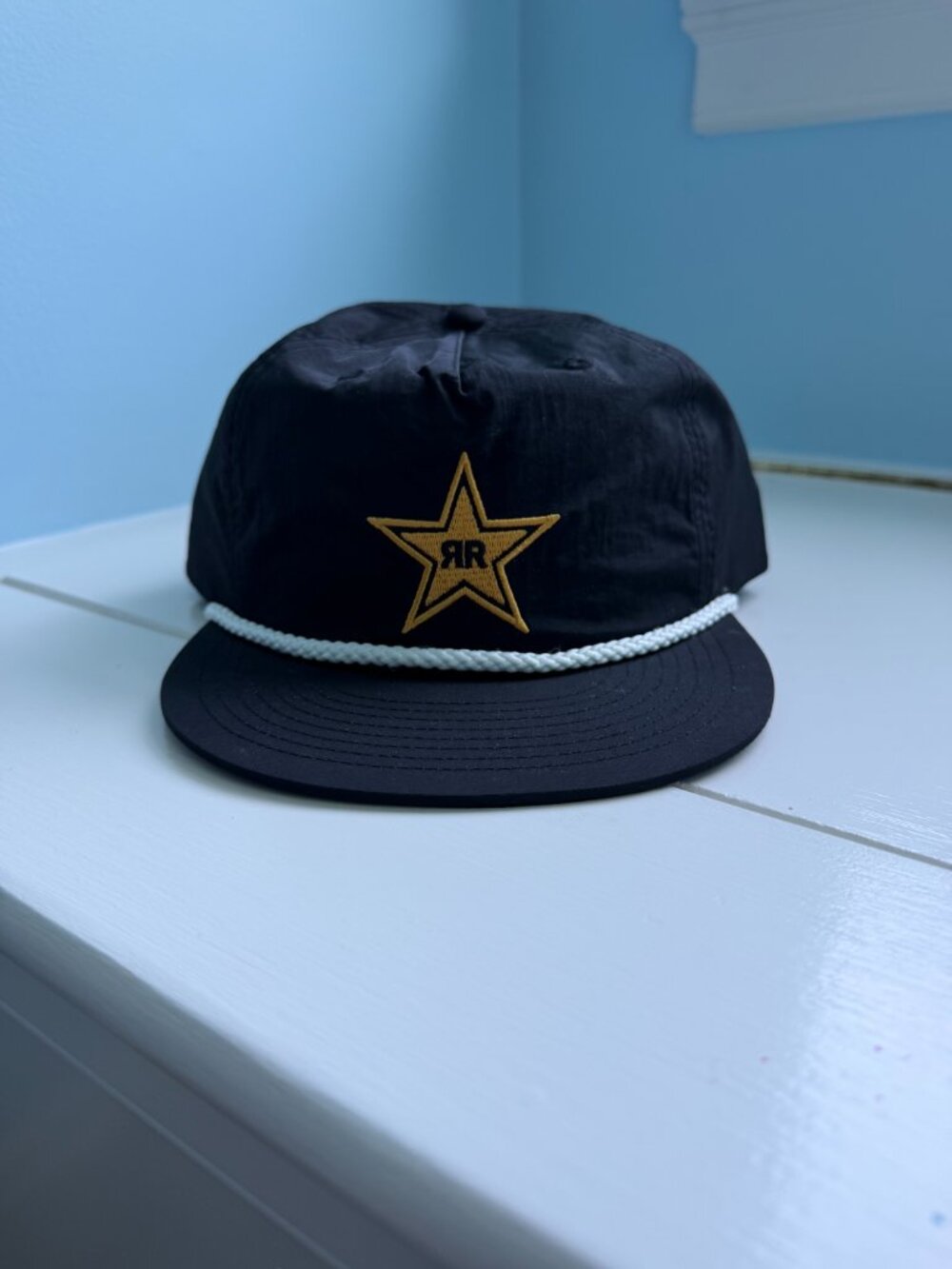 Rockstar Energy Drink Hat Cap Snap Back Black Yellow Star Logo Surf Rope Nylon